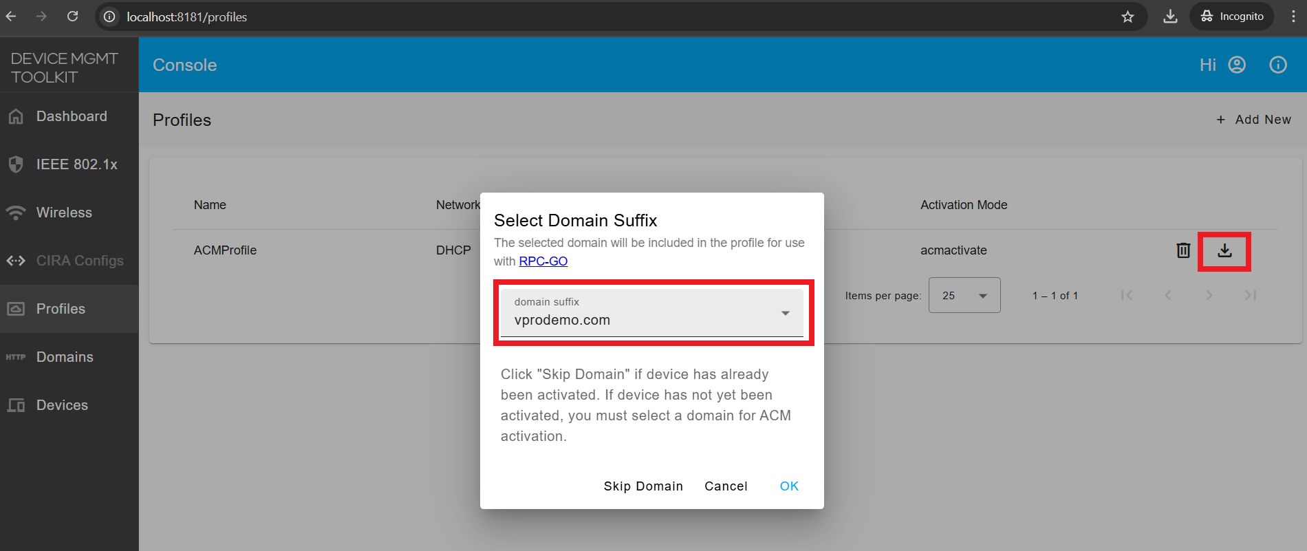 Figure 1: Export ACM Profile